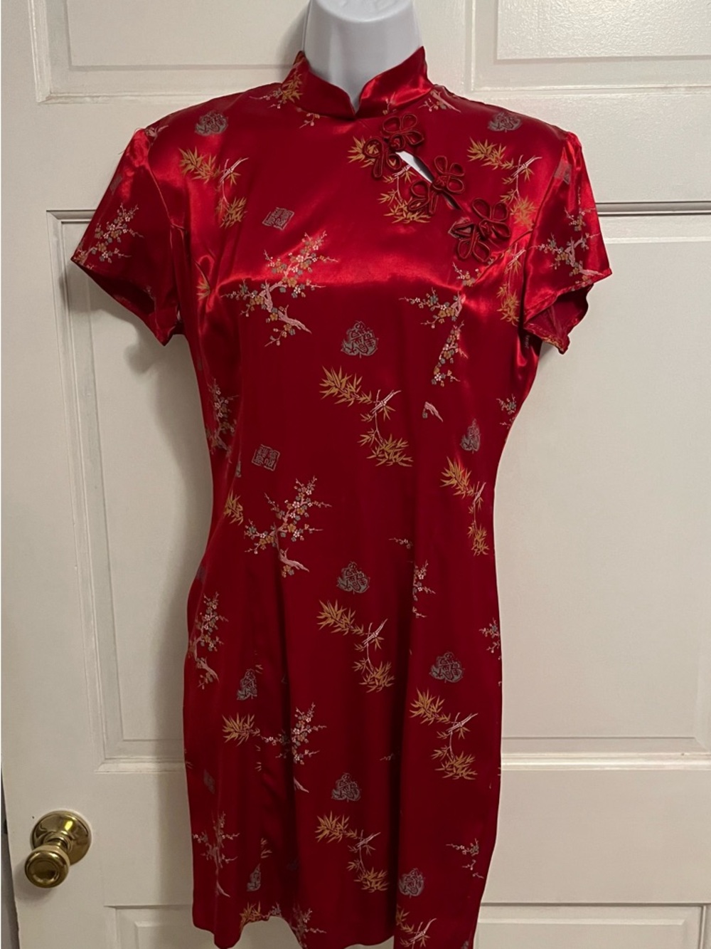 Red Satin Floral Cheongsam-Style Mini Dress